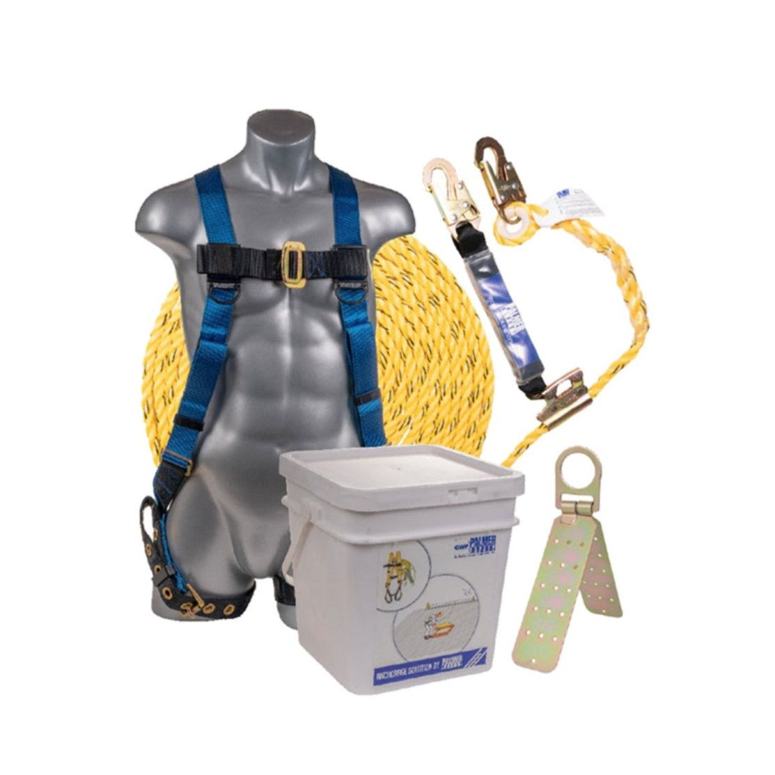 The PALMERA SAFETY V5501 Fall Protection Roofing Safety System Compliance Kit, displayed on a mannequin torso, includes a rope, carabiners, lifeline, and bucket. This illustrates the essential components of safety gear for construction or similar activities.
